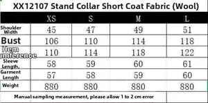Detailed size chart for women's short stand collar wool jacket including XS to L dimensions