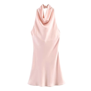 Detail of elegant pink satin halter neck dress with draped neckline and silky finish