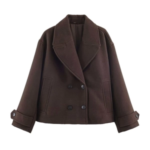 Short double-breasted wool jacket in dark coffee brown with wide lapels and buttoned cuffs