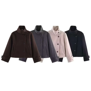 Short wool blend jacket with stand collar in brown, grey, oatmeal and black colors
