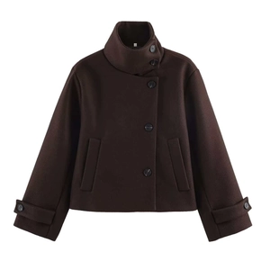 Detailed view of chocolate brown wool jacket featuring stand collar and large buttons