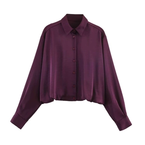 Vintage Satin Cropped Blouse Long Sleeve Square Collar Wine Red Purple Ruched Hem Balloon Fit Shirt For Women Office Wear
