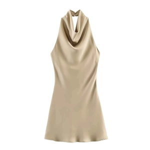 Elegant champagne gold satin cowl neck sleeveless halter midi dress with a backless design