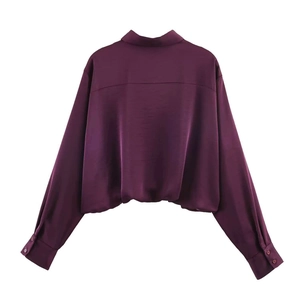 Deep purple satin long sleeve cropped shirt with glossy finish and elegant back view