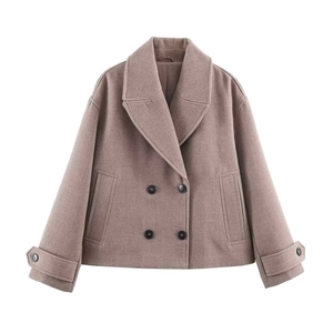 Short double-breasted wool jacket with wide lapels in elegant terracotta purple-grey color
