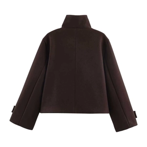 Rear view of brown short jacket with stand collar and minimalist boxy silhouette