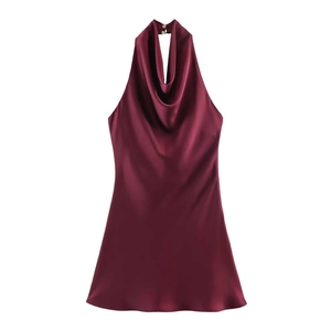 Elegant burgundy sleeveless cowl neck satin dress with a smooth draped silhouette