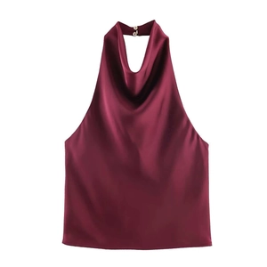 Elegant wine red satin halter top with a cowl neck and smooth silk texture on white background