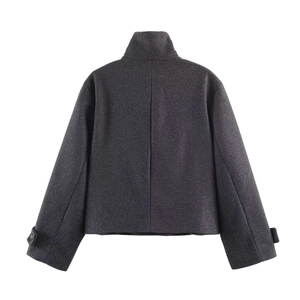 Back view detail of short charcoal grey wool jacket featuring stand collar and sleeve straps