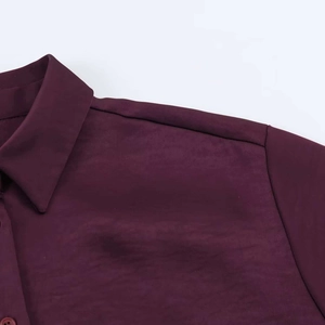 Detail of burgundy shirt showing subtle texture fabric, collar and matching button