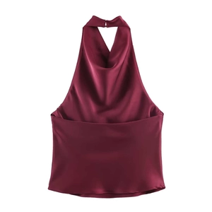 Detailed view of burgundy satin cowl neck halter top with elegant silky texture