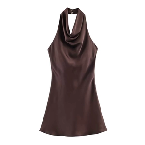 Elegant chocolate brown satin cowl neck sleeveless mini dress with high glossy finish