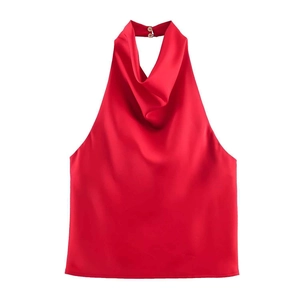 Elegant red satin cowl neck halter top with silky texture and buttoned neck back closure