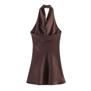 Detail view of coffee brown satin halter neck mini dress with open back and sleek texture