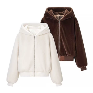 Women's Autumn Winter Hooded Faux Fur Jacket Warm Plush Zipper Fleece Coat Solid Color Loose Casual Outerwear