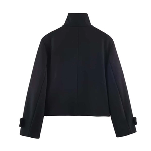 Back view of a cropped black stand collar jacket featuring decorative cuff straps