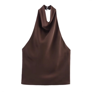 Elegant dark brown satin cowl neck halter top for women with glossy silk texture