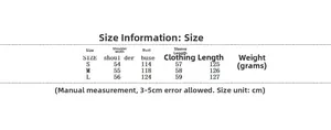 Detailed size guide table for elegant long wool coat with shoulder and bust measurements