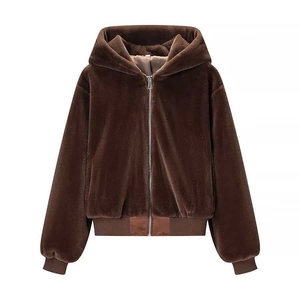 Deep brown plush zip-up hoodie with soft texture and ribbed cuffs for cozy autumn wear