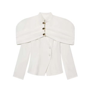 White long sleeve blazer with cape shawl design and elegant gold teardrop buttons