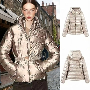 Women's Metallic Champagne Gold Hooded Puffer Jacket With Waist Belt Waterproof Winter Warm Padded Coat Mid-Length Outerwear