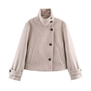 Women's short wool blend jacket in beige with high stand collar and asymmetric buttons