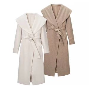 Elegant Women Long Woolen Coat Lapel Waist Tie Slim Fit Overcoat Solid Color Winter Autumn Commuter Outwear