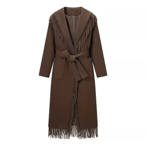 British Style Women's Long Coat With Fringe Trim Lapel Collar Belted Solid Color Polyester Outerwear For Autumn Winter
