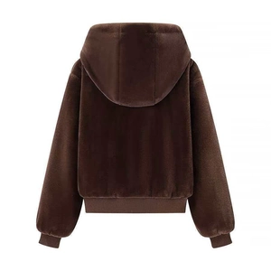Women's warm dark brown hooded plush jacket with ribbed cuffs and hem, back view display