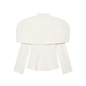 Slim fit white long sleeve blazer with layered cape design and stand collar back view