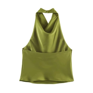 Detail view of cowl neck halter satin top in bright green with smooth silk texture
