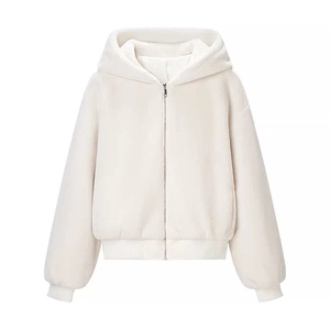 Women's cream faux fur hooded jacket with zipper closure and elastic ribbed cuffs