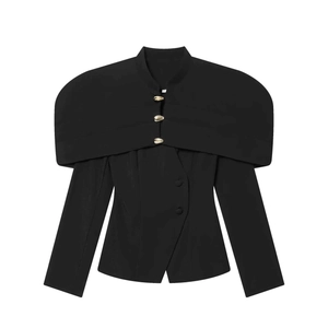 Chic black women's blazer featuring wide cape-style lapels and gold oval metal buttons