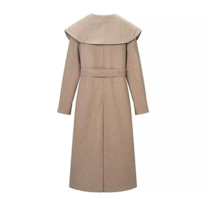 Elegant long woolen coat for women with large lapel shawl and waist-tie belt in camel color