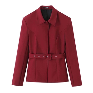 Blazer da Donna Vintage Borgogna Slim Fit Con Cintura Dettaglio Occhielli in Metallo Manica Lunga Giacca da Ufficio