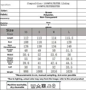 Size chart and fabric specifications for women's autumn polyester fashion coat
