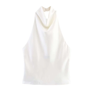 Close-up of elegant white satin halter top featuring a draped neckline and back button detail