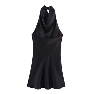 Detail of black satin sleeveless dress featuring an elegant cowl neck and smooth finish