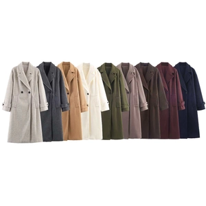Women Elegant Long Woolen Coat Classic Lapel Double Breasted Outerwear With Pockets Solid Color Autumn Winter Jacket
