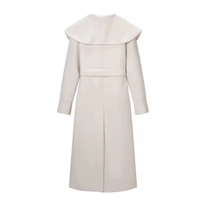 Rear view of long wool coat featuring a large sailor collar and belted waist detail