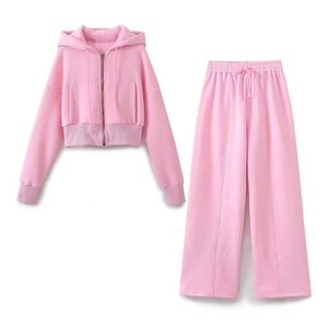 Women's 3-piece casual pink tracksuit with hoodie, drawstring top and wide-leg sweatpants