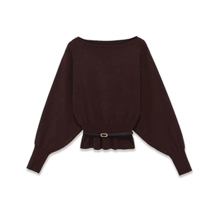 Elegant dark brown off-shoulder knit sweater with black belt and peplum hem detail