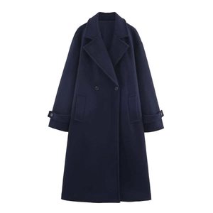 Classic navy blue double-breasted wool coat with notch lapels and tailored fit