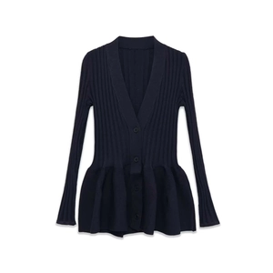 Damen Gerippte Strickjacke Mit Schößchen Und Schlaghose Mit Rüschensaum Lässig Streetwear Polyester V-Ausschnitt