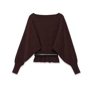 Elegant dark brown boat neck knit sweater with batwing sleeves and matching waist belt