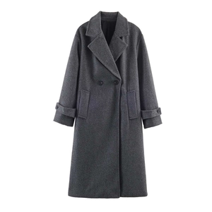 Classic dark grey wool blend double-breasted long coat with lapel collar and H-line silhouette