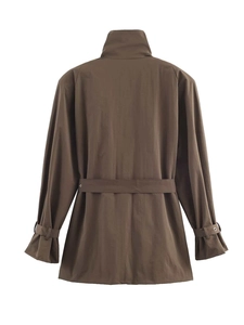 Rear view detail of minimalist brown belted short trench jacket with high collar