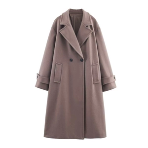 Detailed close-up of camel wool coat featuring a notched lapel and double-breasted buttons