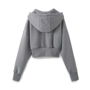 Rear view of grey hooded sweatshirt with ribbed hem and cuffs in a cropped design