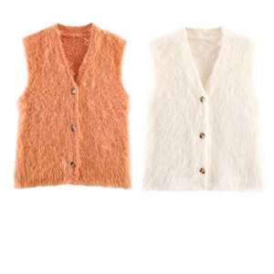 Gilet en Tricot de Peluche pour Femmes Col en V Cardigan à Boutons Sans Manches Gilet Ample Couleur Unie Automne Hiver Mode Décontractée
